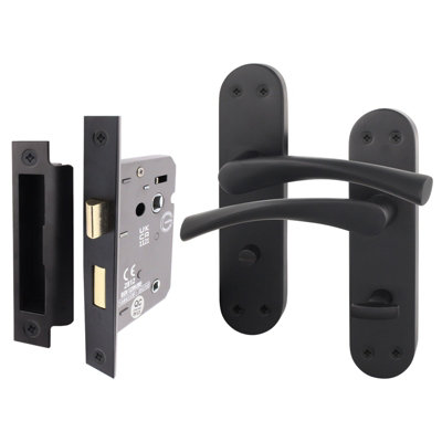 AFIT Matt Black Bathroom Door Handle Set - Includes Door Handles, Lock (64mm) - Novi Backplate Range