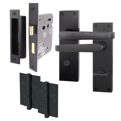AFIT Matt Black Bathroom Door Handle Set - Internal Door Handles, Lock (64mm) & Hinges (76mm) - Straight Pattern