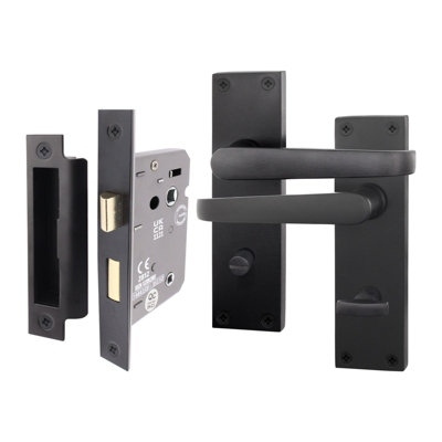 AFIT Matt Black Bathroom Door Handle Set - Internal Door Handles & Lock (64mm) - Straight Pattern