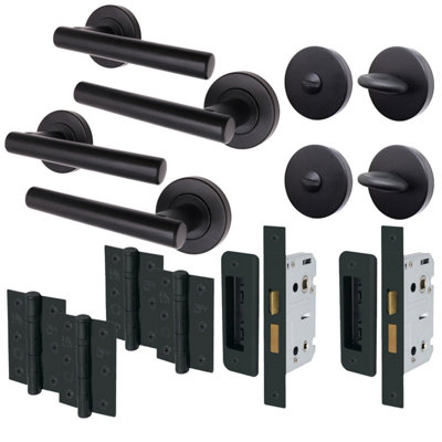 AFIT Matt Black Bathroom Door Handle Set - Pack 2 - Door Handles, Bathroom Lock (64mm), Hinges (76mm) & Thumb Turn - Olvera Range
