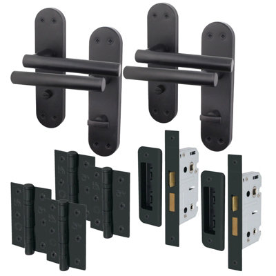 AFIT Matt Black Bathroom Door Handle Set - Pack 2 - Door Handles, Lock (64mm) & Hinges (76mm) - Olvera Backplate Range