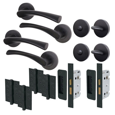 AFIT Matt Black Bathroom Door Handle Set - Pack 2 - Door Handles, Lock (64mm) Hinges (76mm) & Thumbturn - Novi Range