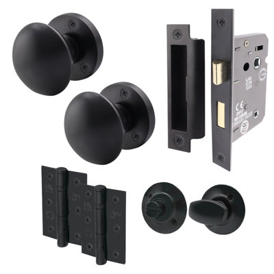 AFIT Matt Black Bathroom Door Knob Set - 1 Pair of Victorian Mortice Knobs (55mm), Lock (80mm) & Hinges (76mm)