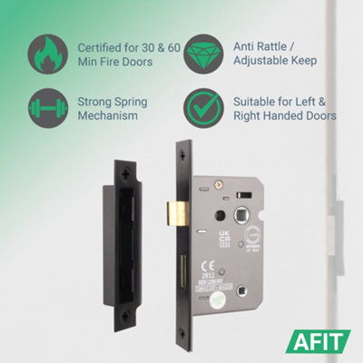 AFIT Matt Black Bathroom Lock - Fire Rated & CE Approved Mortice Door ...
