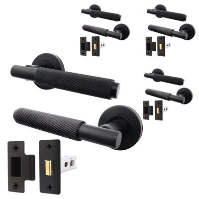 AFIT Matt Black Door Handle + Latch - Pack of 4 - Round Internal Knurled Door Handles, Latch 66mm, Lever on Rose - Dixon Range