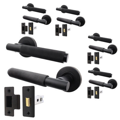 AFIT Matt Black Door Handle + Latch - Pack of 5 - Round Internal Knurled Door Handles, Latch 66mm, Lever on Rose - Dixon Range