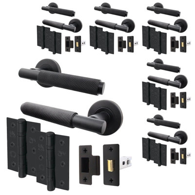 AFIT Matt Black Door Handle Latch Pack of 6 - Internal Knurled Door Handles, Latch 64mm, Hinges 76mm Lever on Rose - Dixon Range