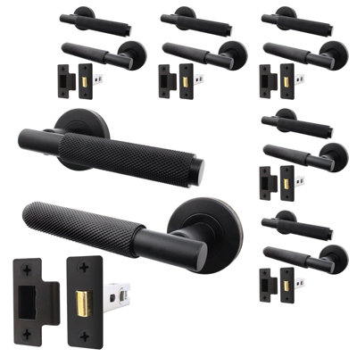 AFIT Matt Black Door Handle + Latch - Pack of 6 - Round Internal Knurled Door Handles, Latch 64mm, Lever on Rose - Dixon Range