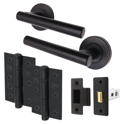 AFIT Matt Black Door Handle Latch set - Latch (64mm), Hinges (76mm) Olvera Range