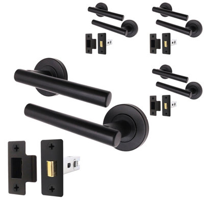 AFIT Matt Black Door Handle Latch Set - Pack of 4 Round T-Bar Handles & Latch (64mm) Olvera Range