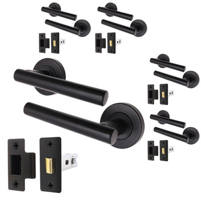 AFIT Matt Black Door Handle Latch Set - Pack of 5 - Includes Door Handles & Latch (64mm) Olvera Range