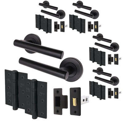 AFIT Matt Black Door Handle Latch set, Pack of 5 - Latch (64mm), Hinges (76mm) Olvera Range