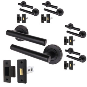 AFIT Matt Black Door Handle Latch Set - Pack of 5 - T-Bar Door Handles & Latch (64mm) Olvera Range