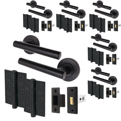 AFIT Matt Black Door Handle Latch set, Pack of 6 - Latch (66mm), Hinges (76mm) Olvera Range