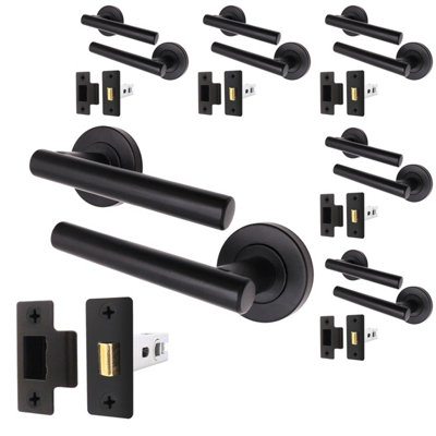 AFIT Matt Black Door Handle Latch Set - Pack of 6 - Round T-Bar Handles & Latch (64mm) Olvera Range