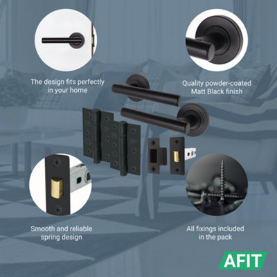 AFIT Matt Black Door Handle Latch set, Pack of 6 - Round T-Bar Internal Door Handles, Latch (66mm), Hinges (76mm) Olvera