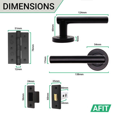 AFIT Matt Black Door Handle Latch set, Pack of 6 - Round T-Bar Internal Door Handles, Latch (66mm), Hinges (76mm) Olvera