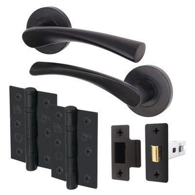 AFIT Matt Black Door Handle Latch set - Round Internal Door Handles, Latch (66mm), Hinges (76mm) Matt Black Lever on Rose Novi