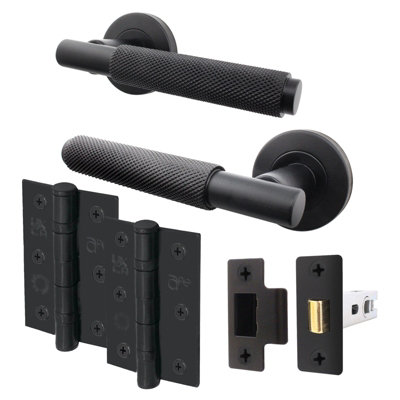 AFIT Matt Black Door Handle Latch Set - Round Internal Knurled Door Handles, Latch 64mm, Hinges 76mm Lever on Rose - Dixon Range