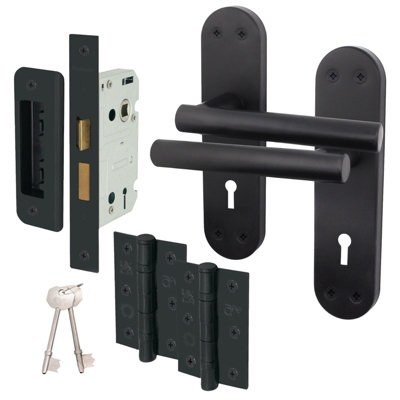 AFIT Matt Black Door Handle Lock Set - Includes Door Handles, Sash Lock (64mm) & Hinges (76mm) - Olvera Backplate Range
