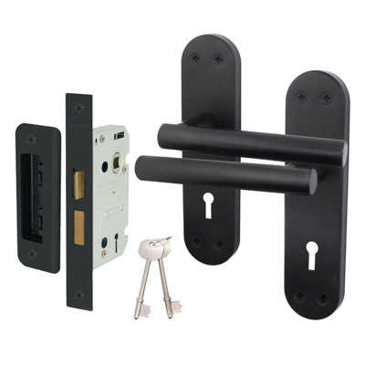 AFIT Matt Black Door Handle Lock Set - Includes Door Handles & Sash Lock (64mm) & Keys - Olvera Backplate Range