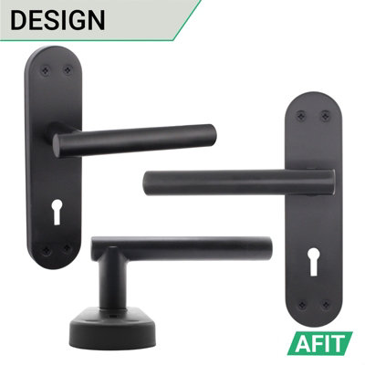 AFIT Matt Black Door Handle Lock Set - Includes Door Handles & Sash Lock (64mm) & Keys - Olvera Backplate Range