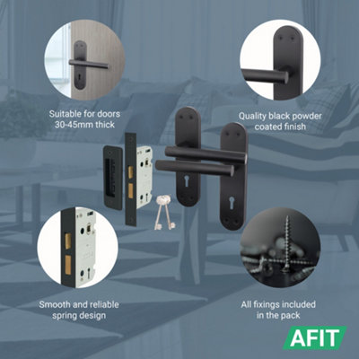 AFIT Matt Black Door Handle Lock Set - Includes Door Handles & Sash Lock (64mm) & Keys - Olvera Backplate Range