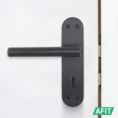 AFIT Matt Black Door Handle Lock Set - Includes Door Handles & Sash Lock (64mm) & Keys - Olvera Backplate Range