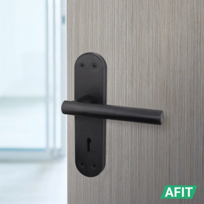 AFIT Matt Black Door Handle Lock Set - Includes Door Handles & Sash Lock (64mm) & Keys - Olvera Backplate Range