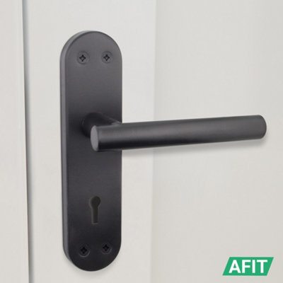 AFIT Matt Black Door Handle Lock Set - Includes Door Handles & Sash Lock (64mm) & Keys - Olvera Backplate Range