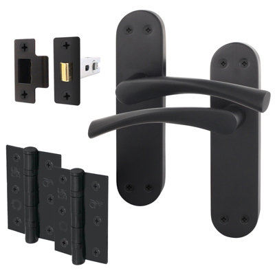 AFIT Matt Black Door Handle Set - Includes Door Handles, Latch (64mm) & Hinges (76mm) - Novi Backplate Range