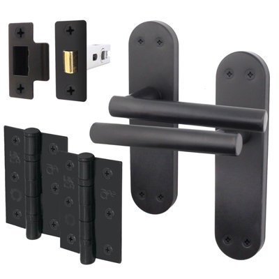 AFIT Matt Black Door Handle Set - Includes Door Handles, Latch (64mm) & Hinges (76mm) - Olvera Backplate Range
