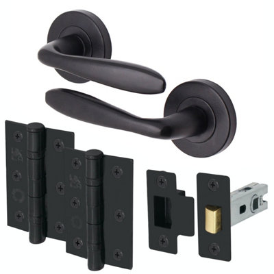 AFIT Matt Black Door Handle Set - Includes Door Handles, Latch (64mm) & Hinges (76mm) Santeau Range