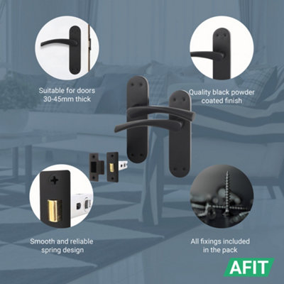 AFIT Matt Black Door Handle Set - Includes Door Handles & Latch (64mm) - Novi Backplate Range