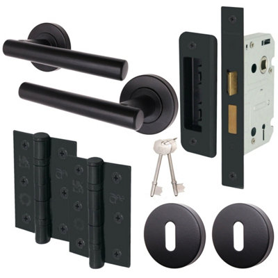 AFIT Matt Black Door Handle Set - Includes Door Handles, Sash Lock (64mm), Hinges (76mm) & 2 Escutcheons - Olvera Range