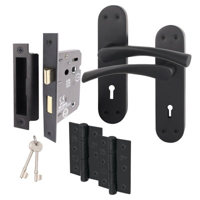 AFIT Matt Black Door Handle Set - Includes Lock Door Handles, Lock (64mm) & Hinges (76mm) - Novi Backplate Range