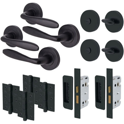 AFIT Matt Black Door Handle Set - Pack 2 - Includes Door Handles, Lock (64mm) & Hinges (76mm) - Santeau Range