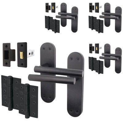 AFIT Matt Black Door Handle Set - Pack 4 - Door Handles, Latch (64mm) & Hinges (76mm) - Olvera Backplate Range