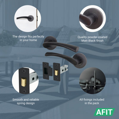 AFIT Matt Black Door Handle Set - Pack 4 - Includes Black Door Handles & 64mm Latch - Novi Range