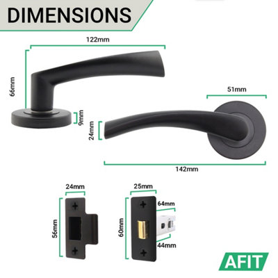 AFIT Matt Black Door Handle Set - Pack 4 - Includes Black Door Handles & 64mm Latch - Novi Range