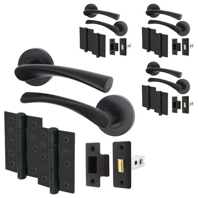AFIT Matt Black Door Handle Set - Pack 4 - Includes Door Handles, Latch (64mm) & Hinges (76mm) - Novi Range