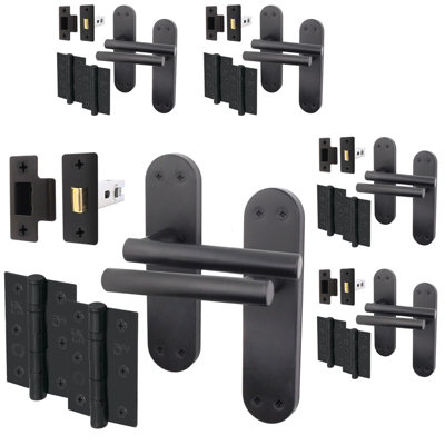 AFIT Matt Black Door Handle Set - Pack 5 - Door Handles, Latch (64mm) & Hinges (76mm) - Olvera Backplate Range