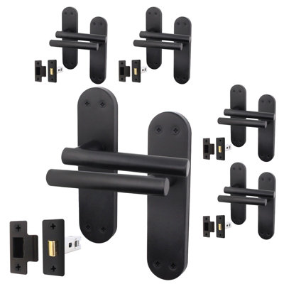 AFIT Matt Black Door Handle Set - Pack 5 - Door Handles & Latch (64mm) - Olvera Backplate Range