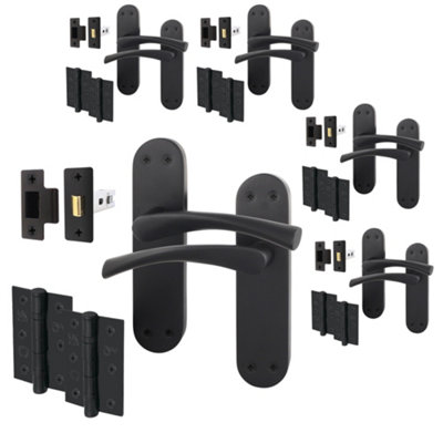 AFIT Matt Black Door Handle Set - Pack 5 - Includes Door Handles, Latch (64mm) & Hinges (76mm) - Novi Backplate Range