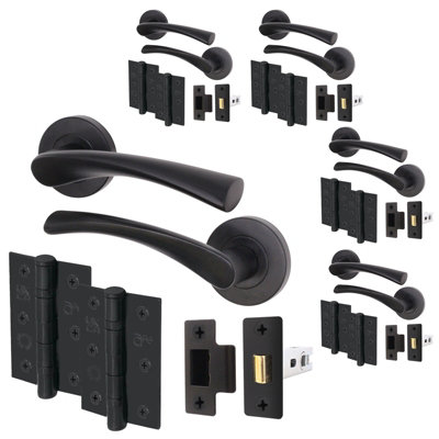 AFIT Matt Black Door Handle Set - Pack 5 - Includes Door Handles, Latch (64mm) & Hinges (76mm) - Novi Range