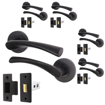 AFIT Matt Black Door Handle Set - Pack 5 - Includes Door Handles & Latch (64mm) - Novi Range