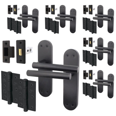 AFIT Matt Black Door Handle Set - Pack 6 - Door Handles, Latch (64mm) & Hinges (76mm) - Olvera Backplate Range