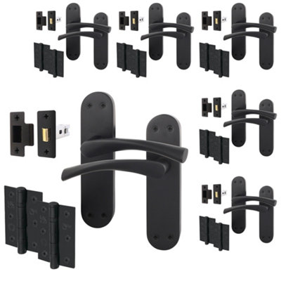 AFIT Matt Black Door Handle Set - Pack 6 - Includes Door Handles, Latch (64mm) & Hinges (76mm) - Novi Backplate Range