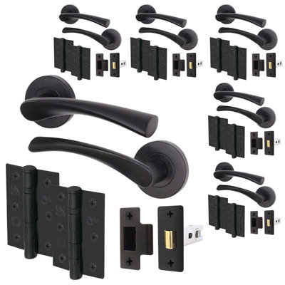 AFIT Matt Black Door Handle Set - Pack 6 - Includes Door Handles, Latch (64mm) & Hinges (76mm) - Novi Range