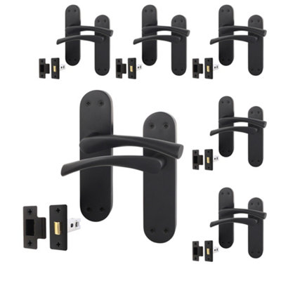 AFIT Matt Black Door Handle Set - Pack 6 - Includes Door Handles & Latch (64mm) - Novi Backplate Range